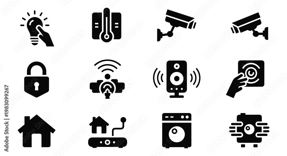 Fototapeta premium 12 Smart Home icons featuring security camera, thermostat, lock and light, outline solid styles, UI and web interface design