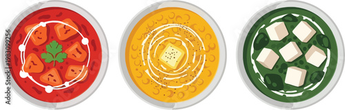 Top View Indian Curry Bowls Tikka Masala Dal and Saag Paneer