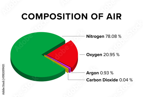 Composition of air, multi colored pie chart of the main chemical components of Earth's atmosphere, excluding water vapor. Dry air contains nitrogen, oxygen, argon, and carbon dioxide. Isolated. Vector
