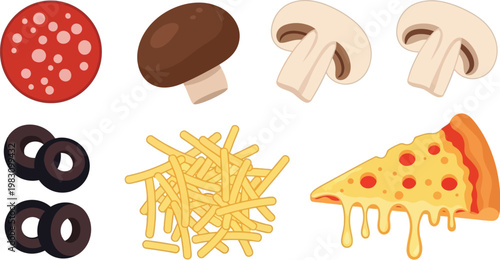 Pizza Ingredients Set with Slice Pepperoni Mushrooms Olives and Fries