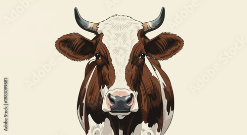 Detailed vector illustration of a brown and white cow portrait, frontal head view of a horned dairy cattle heifer, stylized animal graphic art on a neutral cream background.