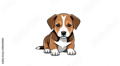 Vector illustration of a small tricolor beagle puppy sitting, featuring floppy ears, brown and white markings, and large eyes. Isolated on a solid white background in a clean style.