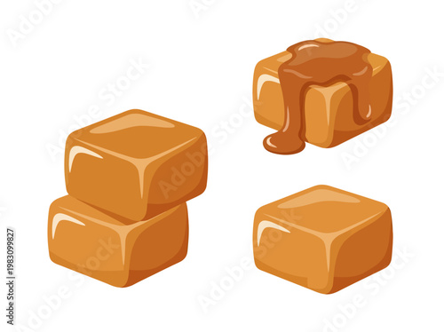 Four glossy, golden-brown caramel cubes are illustrated as a stacked pair, a solitary piece, and one delectable square generously draped in a thick, gooey layer of rich, dripping syrup