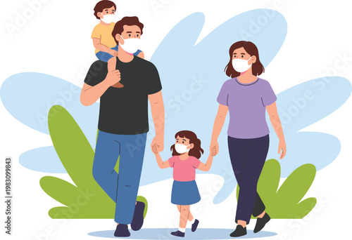 Family of four exercising together in colorful workout clothes