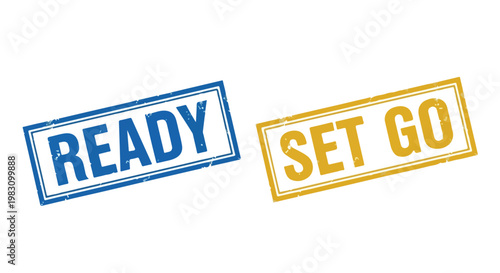 Close-up of two rectangular signs with the words ready and set go in blue and yellow colors for race or event start