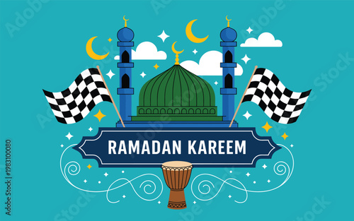Ramadan kareem greeting with mosque, lanterns, crescent moon and stars