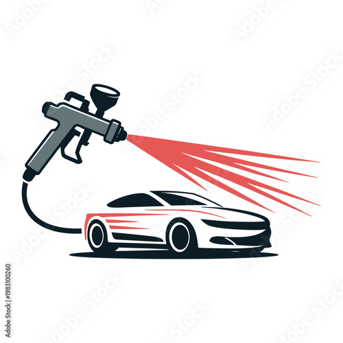A spray gun applying colorful paint to a sleek car in a stylish design process