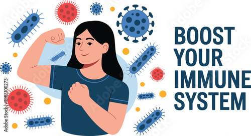 Woman in blue dress surrounded by colorful virus particles and immune boosters