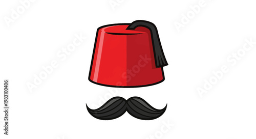 Red Turkish fez hat icon featuring a black silk tassel and a matching black curled handlebar mustache below it, stylized vector design isolated on a plain white background.