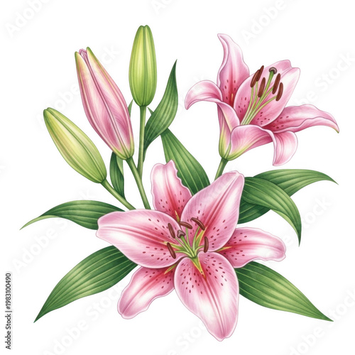A beautiful bouquet of pink lilies with green leaves and white buds isolated on transparent background
