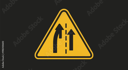 Yellow triangular traffic warning sign indicating a right lane merge ahead, featuring two black arrows and a dashed lane divider line on a dark gray minimalist background.