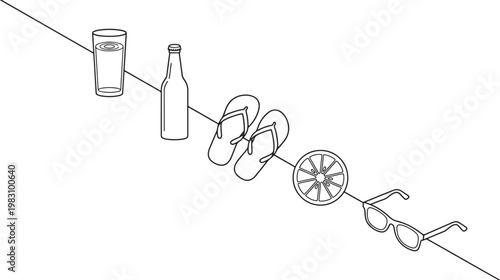 Minimalist sketch of summer essentials including a can bottle flip flops beach ball and sunglasses lined up on a transparent background