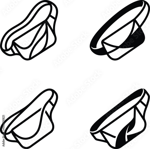 Set of four minimalist isometric fanny pack icons featuring clean black vector lines and high quality designs.