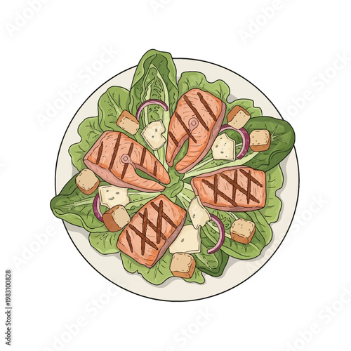 Hand-drawn vector illustration of a grilled salmon Caesar salad on a white plate, featuring seared salmon steaks, fresh romaine lettuce, croutons, red onion rings, and cheese shavings.
