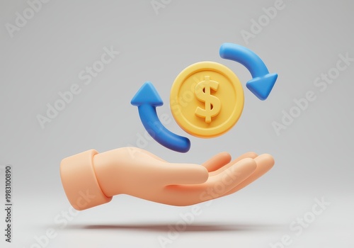 3 d render of a cartoon hand holding a golden dollar coin surrounded by two blue curved rotating arrow 3d