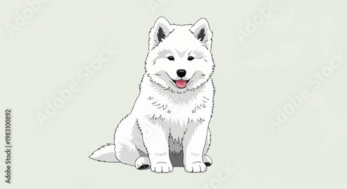 Vector illustration of a fluffy white Samoyed puppy sitting and smiling with its tongue out, featuring clean black outlines and soft shading, isolated on a plain neutral background.