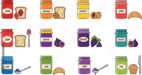Fruit Jam Jars and Breakfast Toast Icons Set