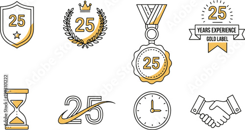 25 years experience gold anniversary badges and awards set with laurel wreath and clock icons