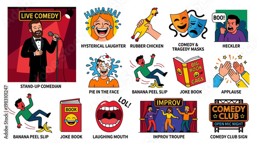 Stand-up comedian performing live comedy with various comedic elements and reactions