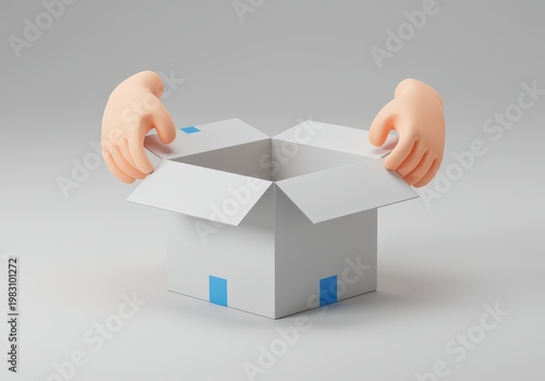 Cartoon hands opening a 3d white cardboard box with blue square accents on a plain light gray background