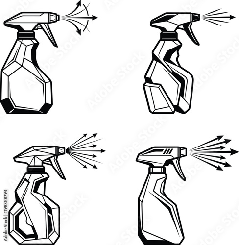 Set of four professional vector illustrations showing various household spray bottle designs in clean black and white art.