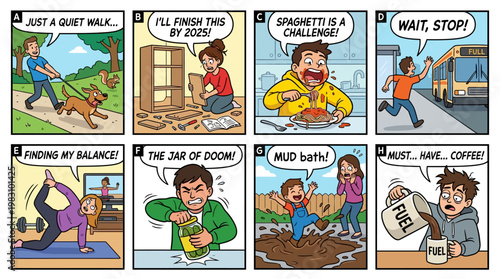 Humorous everyday life scenes showcasing relatable struggles and mishaps