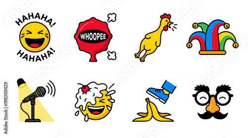 Colorful illustrations of laughing emojis and comedy props for entertainment