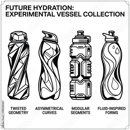 Future hydration experimental vessel collection featuring detailed black and white line art vector graphics.