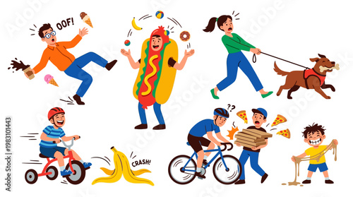 Cartoon people having fun and getting messy with food and daily activities