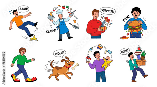 Cartoon people expressing emotions and reactions in various everyday situations