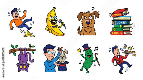 Cartoon characters performing comedic actions and expressions in various humorous scenes and situations