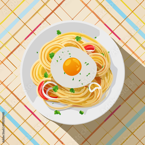 Foto Plate of spaghetti pasta topped with a fried egg and herbs for delicious breakfa