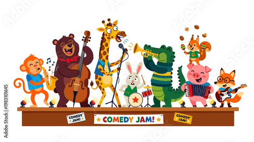 Colorful animal band performs on stage with various musical instruments