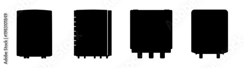 set of four black solar power inverters on white background minimal design
