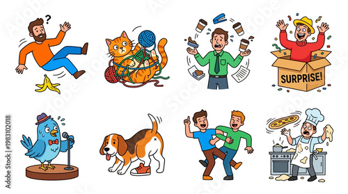 Cartoon characters in various humorous situations and comedic actions