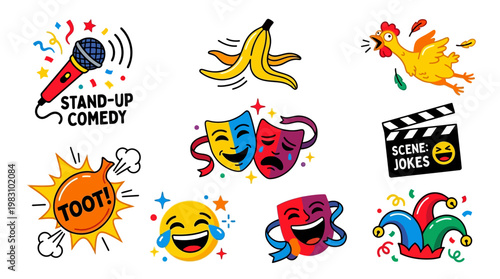 Colorful comedy and theater icons including a microphone, jester hats, and laughing emojis for stand-up performances and joke scenes.