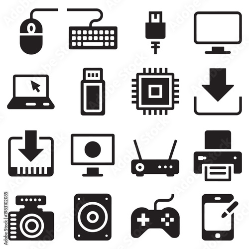 Collection of icons depicting various computer and technology peripherals and functions