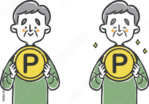 ポイントのコインを持つシニア男性　上半身　ベクター