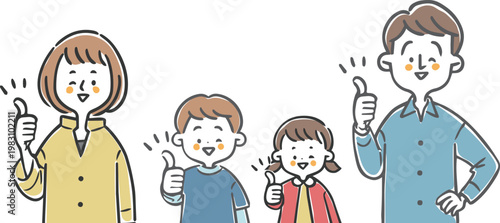 グッドサインをする夫婦と子供　上半身　ベクター