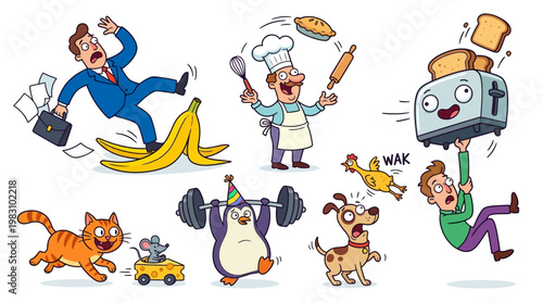 Cartoon characters in chaotic funny situations with animals and people