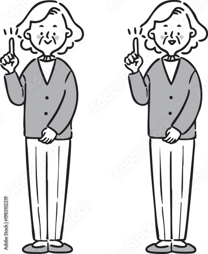 人差し指を立てて説明するおばあさん　全身　ベクター（モノクロ）