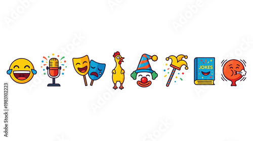 Colorful cartoon comedy icons including emojis and jesters celebrating humor
