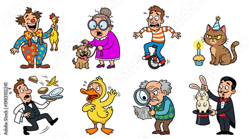 Cartoon characters performing comedic actions in various scenes and situations