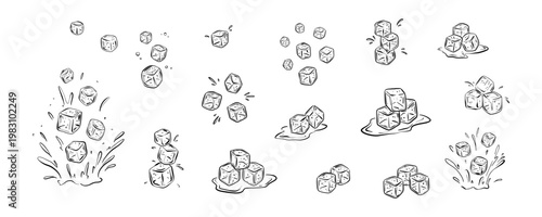 Doodle ice cube line icons set. Hand drawn outline vector illustration. Water splash and drops hand drawn crayon, pencil, ink sketch. Frozen ice block falling to the summer cold drink, cocktail, juice