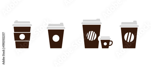 Set of disposable paper cups in modern flat style on a white background.