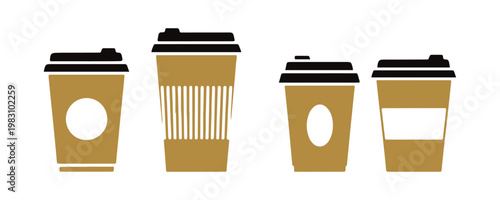 Minimal coffee cup icon collection with different shapes on white.