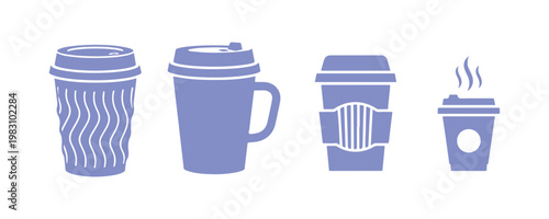 Various disposable coffee cups illustrated as flat icons on a white background.