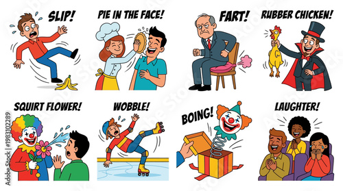 Cartoon characters demonstrating various comedic physical humor actions and reactions
