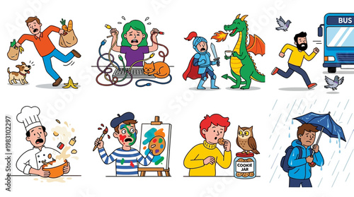 People experiencing various chaotic moments in daily life situations struggling