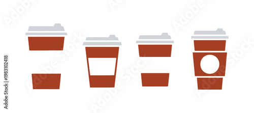 Collection of disposable coffee cups in simple flat vector style on a white background.